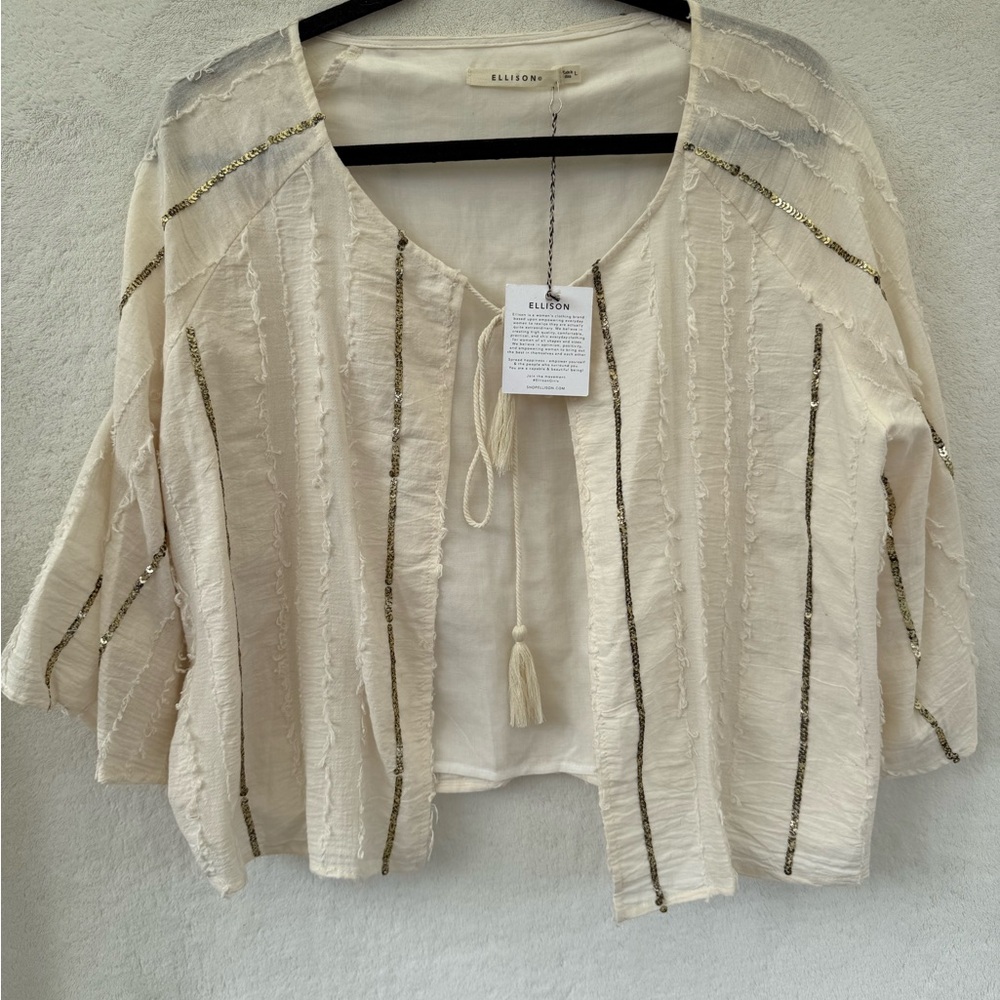 Ellison L Oatmeal Cropped Gypsy Gold Sequin Embellished  Linen Open Front Jacket